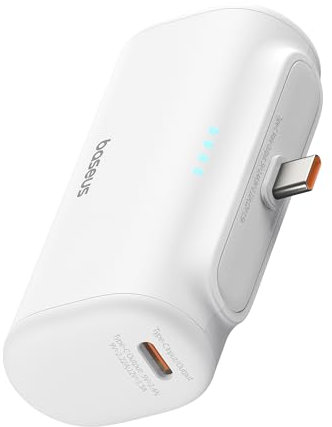 Baseus Power Bank with Built-in Foldable USB C Connector, 5000mAh 20W Portable Charger for iPhone 15/15 Plus/15 Pro/15 Pro Max, Samsung S22/23 Series (White)