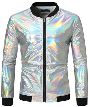 Rrongwn Pailletten Jacke Herren Metallic Nachtclub Baseball Bomberjacke 70Er Disco Party Kostüm Stehkragen Freizeitjacke Klassische Blouson Jacke Leichte Pilotenjacke Mode Fliegerjacke
