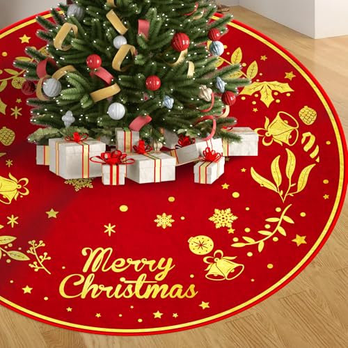 Weihnachtsbaumdecke122cm,Rot Gold Weihnachtsbaum Rock Christbaum Teppich Tannenbaumdecke Weihnachtsdeko Weihnachtsdekorationen Innen Außen Feiertagsdekoration