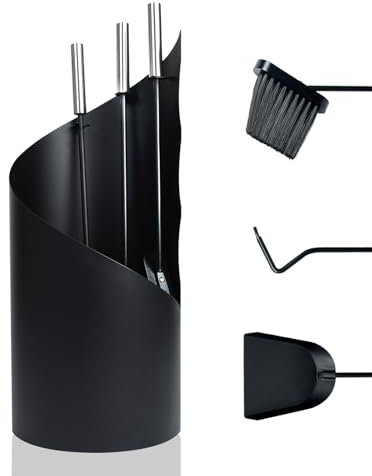 FIVMEN Kaminbesteck 4 teilig Schwarz Kamingarnitur Kaminzubehör Inkl. Besen, Ascheschaufel, Schürhaken und Ständer Ofenbesteck Kaminwerkzeug