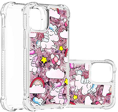SIYOPINPFY Hülle für iPhone 12 / iPhone 12 Pro, für Frauen Quicksand Glitzer Flüssigkeit HandyHülle Transparent Silikon Stoßfest Treibsand Case Schutzhülle für iPhone 12 Pro Rosa Einhorn YB