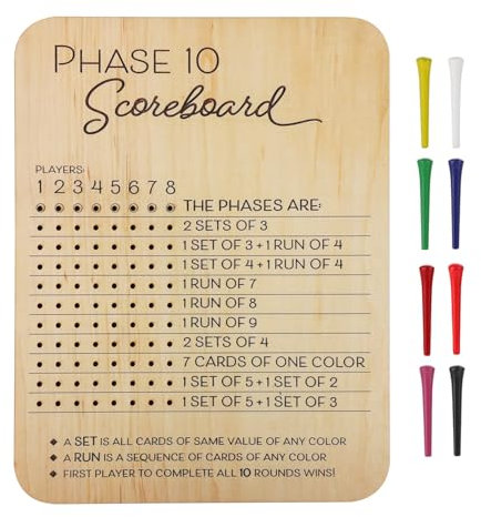 lasuroa Phase 10-Kartenspiel-Punktetafel, Hölzerne Phase 10-Punktetafel mit 8 Farbigen Stiften Phase 10-Punktezähler Phase 10 Zubehör für Party-Familienspieleabende