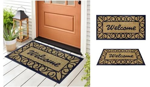 A.Unique Home 8mm Coir Doormat Non-Slip PVC Back - Welcome Border 40x80cm | Durable 8mm Coir Doormat with Non-Slip PVC Backing, Helps Remove Dirt & Moisture, Perfect for Front Doors & Busy Entrances