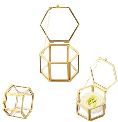 Amexo Joyero Pequeño, Caja de Cristal y Metal Geométrico Caja de Anillo Cajas para Joyas de Vidrio Transparente para Guardar y Deoración Exhibir pendientes Joyas Anillos (Oro)