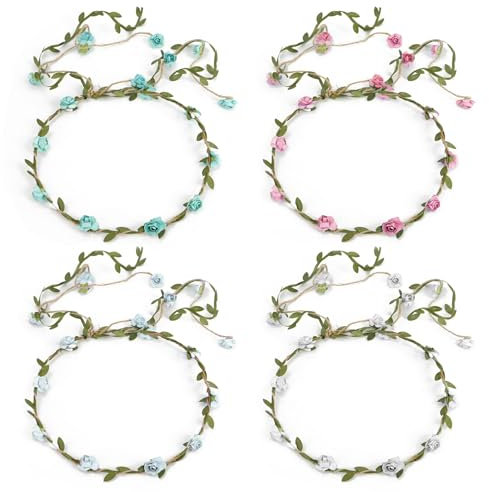 KEAHND 4pcs Blumenkranz Krone Stirnband mit Leaf Ribbon - Blumenkrone Haarband Kopfschmuck