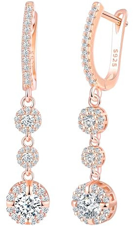CONILOK Orecchini da Donna con Zircone a Barretta,Orecchini Pendenti in Argento 925 Ipoallergenici,Orecchini con Ciondolo Zircone Scintillante,Gioielli di Moda per Lei Fidanzata Mamma Moglie Oro Rosa