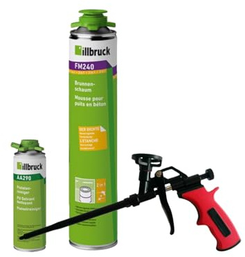 FM240 Brunnenschaum Polyurethanschaum, Beständig gegen Wasser Verrottung und Wärme, Schachtringverklebung 750ml Kombisets (mit Reiniger AA290 + Schaumpistole Business, 1x)