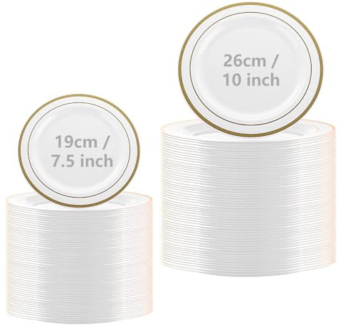 SENENQU 50 Pack Reusable Plastic Plate, 7 inch / 10 Inch Plastic Party Plates with Gold Rim, Unbreakable Dinner Plates for Weeding Birthday Party Catering