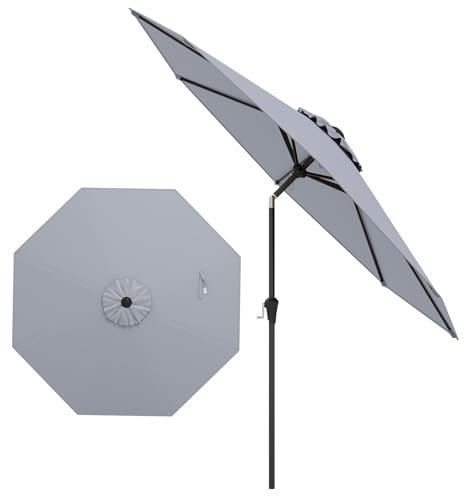 GYMAX Ombrellone da Giardino, Ø 2,7 m, Inclinazione 35°, con Manovella e 8 Stecche Resistenti, Foro di Ventilazione, Parasole in Metallo, per Patio, Piscina, Mercato (Grigio)