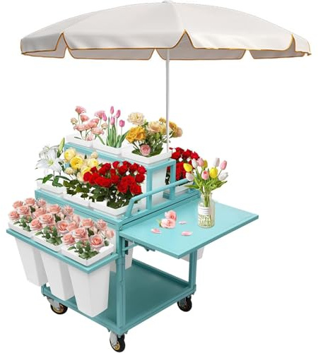 ZWJABYY Blumenwagen aus Metall, Pflanzenständer mit 18 Eimern, leiterförmiger Pflanzenständer, Blumenwagen für drinnen und draußen, Pflanzenregal für Zuhause, Terrasse, Garten, Blumenladen,Green