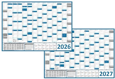 Blau Wandkalender/Wandplaner 2026 + 2027 (gerollt) DIN A1 Format (594 x 841 mm) 14 Monate, komplette Jahresvorschau Folgejahr und Ferientermine Feiertage aller Bundesländer