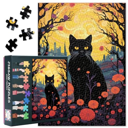 Tier 1000 Stück Puzzles für Erwachsene, Schwarze Katze und rote Blumen in der Nacht City Jigsaw Puzzles, Imaginary Landscapes Impossible Puzzle, 50x70 cm
