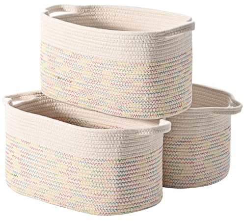 HNYQQL Baumwollseil gewebter Aufbewahrungskorb, verwendet für Baby Hamper Spielzeug Organizer, Geschenkkörbe leer, Kinder Wäschekorb, Baby Decke Korb. Größe 38x25x22 CM. (Weiß＆Farbige Nähte-3PCS)