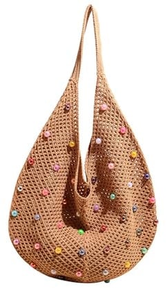 Bolso de mano de moda para mujer, a juego, playa, tejido de hombro, playa, axilas, para mujer, para tejer, hombro, playa, bonita axila, cuentas coloridas, Khaki, One Size