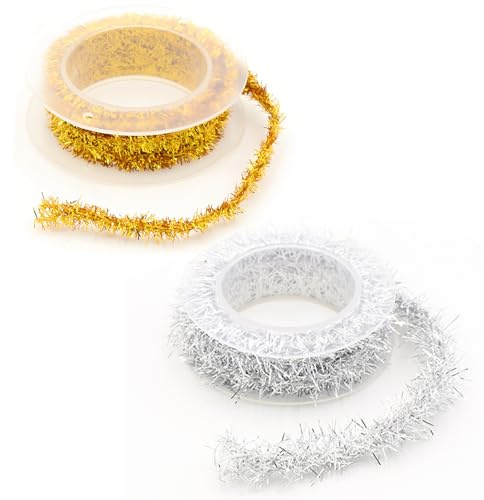 Weihnachten Lametta Bänder, 2 Rollen Metallisch Girlande Weihnachtsbaum, 1.5M Geschenkband Weihnachten Lametta, Bunte Weihnachts Lametta Dekoration, Christbaumschmuck, Party Dekoration(D)