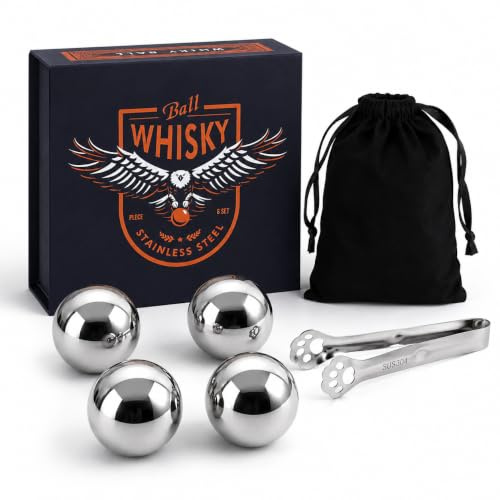 Edelstahl Whiskey Eiskugeln Set 4er – spülmaschinenfest & wiederverwendbar | 304 Edelstahl, rostfrei, kühlt Whiskey & Longdrinks ohne Verwässern – Geschenkset für Männer