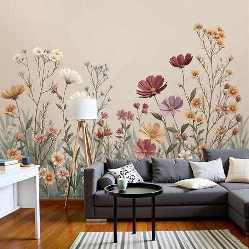 3D Fototapete mit Vintage-Blumen Muster, Kosmeen-Wildblumen Wandbild für Wohnzimmer, Schlafzimmer, TV, Hintergrunddekoration, Beige Braun Wandgemälde Wanddekoration, 308x220cm (B×H)