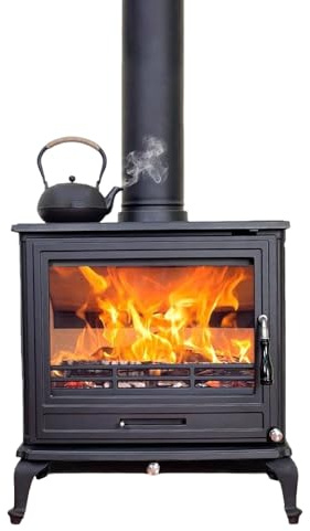 Kaminofen aus Gusseisen mit Schamottsteinen,Heizleistung für 90 m², Holz&Kohle dauerbrandf,Kaminofen Holzofen mit Sichtfenster