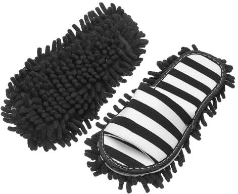 sourcing map Microfiber Mop Slippers, Chenille Detachable Mop Shoes Washable Reusable House Slippers for Floor Cleaning Office & Home Use Women Men, Small Size 9.6, Black and White Striped