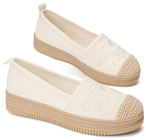 GLAMORA Bailarinas Mujer Manoletinas Merceditas Slip On Lona Zapatos Planos Plataforma Baja Zapatillas Casual Cómodas Primavera Verano Puntera Crochet Estilo Esparto con Detalle Bordado