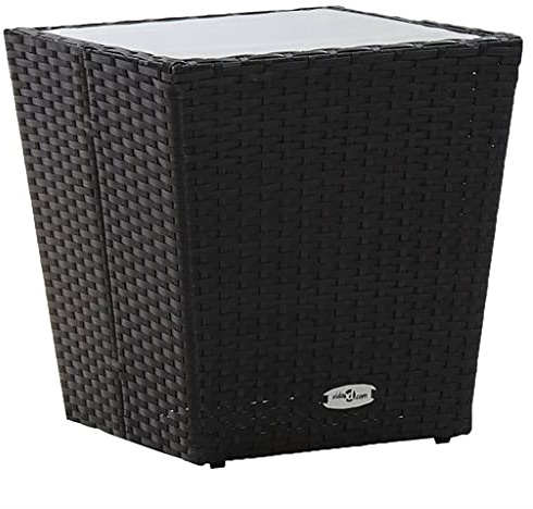 Qnhdfrt Table d'appoint noire 41,5 x 41,5 x 43 cm en rotin synthétique et verre trempé - Design moderne - Robuste et durable - Pour balcon, terrasse, jardin, camping
