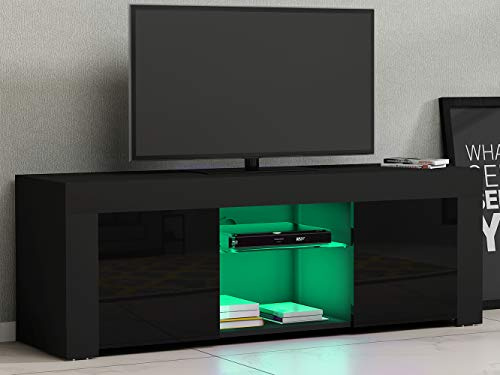 Panana Modern 2 Doors TV Unit Stand 120cm TV Cabinet Sideboard High Gloss Door and Matt Body with RGB LED Lights for Living Room (Black)
