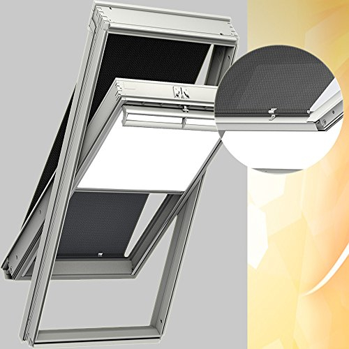 Original VELUX Vorteils-Set ( Verdunkelungs-Rollo + Hitzeschutz-Markise ) für GGL GHL GTL GPL GXL CK06 und GGU GHU GTU GPU GXU CK06 in Stofffarbe 1025 Weiss – Markise in 5060 schwarz, Seitenschienen in Silber / DOP CK06 1025S