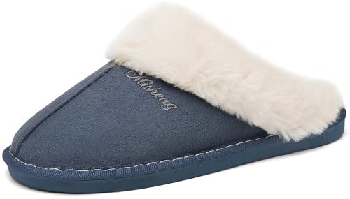 ChayChax Damen Herren Warme Plüsch Hausschuhe Flauschige Pantoffeln Memory Foam Slippers im Herbst und Winter für Drinnen und Draussen, Marine Blau, 44/45 EU = Hersteller 46/47