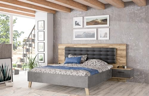 Forte RICCIANO Bett + 2 Nachtkommoden 300, Modernes Bett mit 2 Schubladen, Holzwerkstoff, Stabeiche Holzdekor/Betonoptik dunkelgrau, 296,5 cm breit x 120 cm hoch x 209,9 cm tief