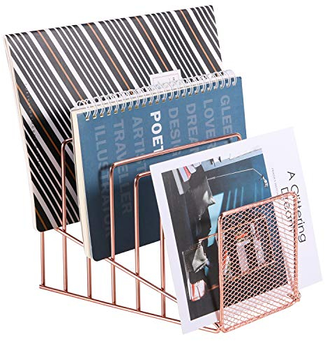 Simmer Stone Schrägdatei Sortierer 7 Slot Magazinhalter für Briefe, Dokument, Ordner und Buch Metall Desktop Organizer Rack für Zuhause, Schule und Büro, Rosegold