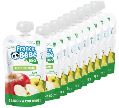 FRANCE BéBé BIO - Compote de fruits BIO en gourde dès 4 mois - Pomme - Pack de 10 x 100g