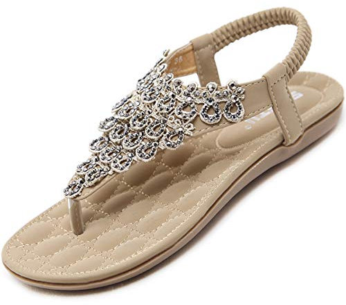 Acfoda Sandales Femme Été Chic Plates Confortable Bohême Chaussure Léger Mules Tongs Orthopédiques Sandalette Cuir nus pieds avec Strass Beige 42