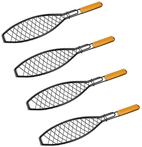 AnMeelin Fisch Grillen Gitter, 4 Stück Silber Grill Fischhalter mit Holzgriff für BBQ und Grillen