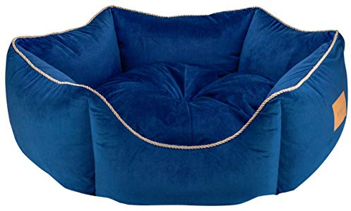 MOOI Crown Hundebett aus kuscheligem Velvetstoff, Füllung aus hautsympathischen 100% Polyester-Watte und Kügelchen, waschmaschinengeeignet bei 30 Degree C, in 3 Größen verfügbar Blau 65 x 78 x 25 cm