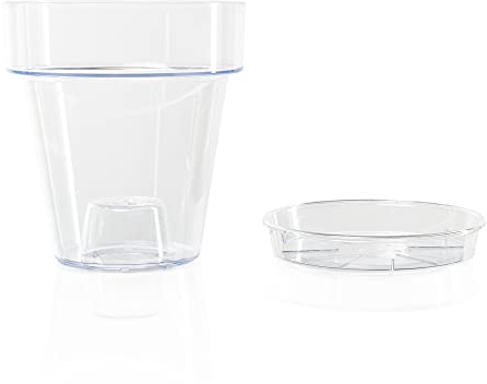 Kalapanta Vaso per Orchidee trasparente in plastica con Fori Drenaggio e Sottovaso - Diametro 16 cm (Confezione singola)