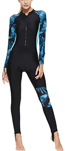 Maeau - Femmes Combinaison de Plongé Une Pièce Anti-UV Séchage Rapide Maillots de Bain d'été Manche Longue Zip Slim pour Surfing Justaucorps de Plage Résistant au Chlore et au Sel Bleu 2XL