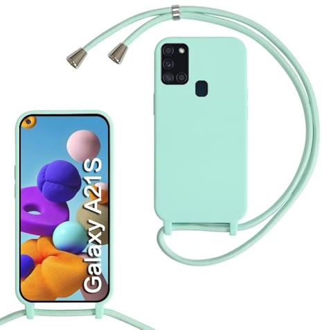 MBSLFY Silikon Handykette für Samsung Galaxy A21S Hülle mit Band,Silikon Necklace Handyhülle mit Abnehmbar Kordel zum Umhängen Stossfest Bumper Handy Schutzhülle für Samsung Galaxy A21S, Minz grün
