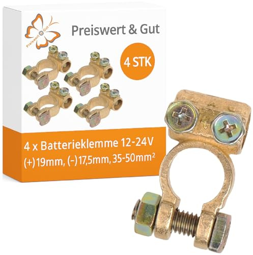 Preiswert&Gut 4 x Batterieklemmen Set 12-24V – Auto Batteriepolklemmen (+) 19 mm, (-) 17,5 mm, 35-50 mm², Zuverlässige Verbindung für Auto-Batterien und Elektrik