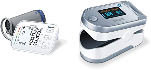 Beurer BM 57 Upper arm Blood Pressure Monitor, Digital Blood Pressure Monitor with Large Cuff up to 43 cm, app Connection via Bluetooth, Certified Data Protection & PO60 Pulse Oximeter with Bluetooth