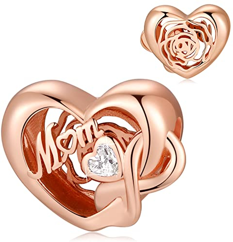 Symretie Mom Herz Charms Anhänger für Europäische Armbänder und Halskette,Roségold Love Bead Charms Durchbrochene Herzperlen Schmuck Geschenke Muttertag für Mama