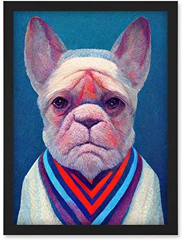 Doppelganger33 LTD French Bulldog In A Colourful Sweater Hockneyesque Artwork Framed Wall Art Print A4