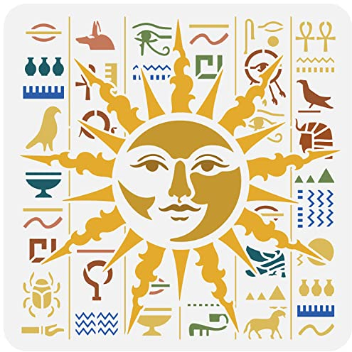 FINGERINSPIRE Sonnengesicht Schablone 30x30cm Ägyptische Schrift Schablone Plastik Sonnenschablone Hieroglyphen Schrift Malschablone Himmlische Sonnengesicht Kunstschablone für DIY Bastel erstellen