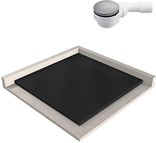 BERNSTEIN Duschtasse 80x80 cm Schwarz matt Flache Bauhöhe, Duschwanne der GT-SERIE aus SMC, Rechteckiges Duschbecken mit Gefälle, SMC -Duschwanne komplett mit Ablaub Typ B