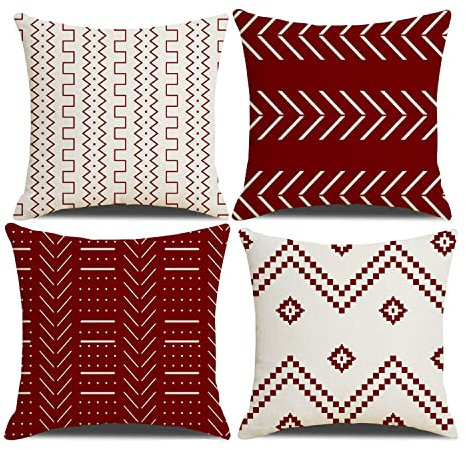 Fundas de Cojines 60 x 60 cm Granja, Juego de 7 Fundas de Almohada Cuadradas Con Textura de Patchwork Vino Tinto para Sofá, Silla, Dormitorio, Decoración Moderna Hogar y Oficina