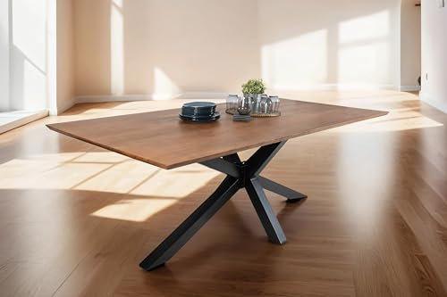 SAM Esstisch 240x100 cm Abby, Akazienholz massiv + nussbaumfarben, Esszimmertisch mit Schweizer Kante, Spider-Metallgestell Schwarz, massiver Holztisch, Tischplatte 26mm