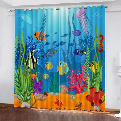 Monde sous-Marin De Dessin Animé Lot De 2 Rideaux Salon Chambre Occultants À Oeillets, MéDuse Coquille D'Algues 3D Rideaux Isolant Thermique Et Phonique Rideau Occultant 130L x 240H