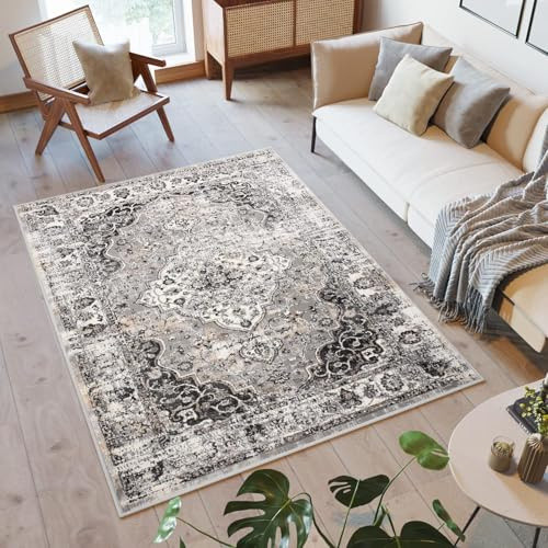 TAPISO Valley Teppich Kurzflor Vintage Grau Creme Blumen Rahmen Orientalisch Used Effekt Meliert Verwischt Wohnzimmer Schlafzimmer ÖKO-TEX 300 x 400 cm