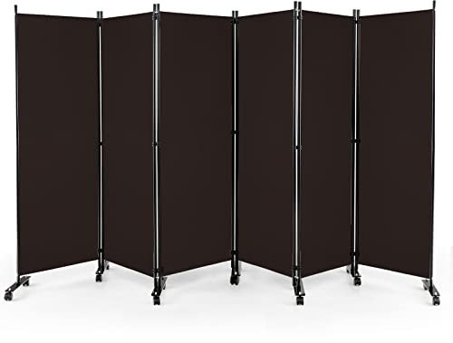 COSTWAY 334,5 x 172 cm Raumteiler auf Rollen, Paravent 6-teilig, Trennwand faltbar, aus Stoff, Sichtschutz für mehr Privatsphäre und Flexibilität (Braun)