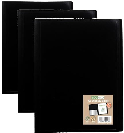 eco-eco A5 100% Recycled 40 Pocket Black Flexible Cover Portfolio Book Folder Display Book,eco016 (Pack of 3)