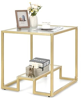 LIFEZEAL Mesa de Centro con Tapa de Cristal, Mesa de Sofá Rectangular de Cristal, Mesa de Salón Moderna con Estructura de Metal, Mesa de Centro Transparente para Salón, Estudio (56 x 56 x 56,5cm)